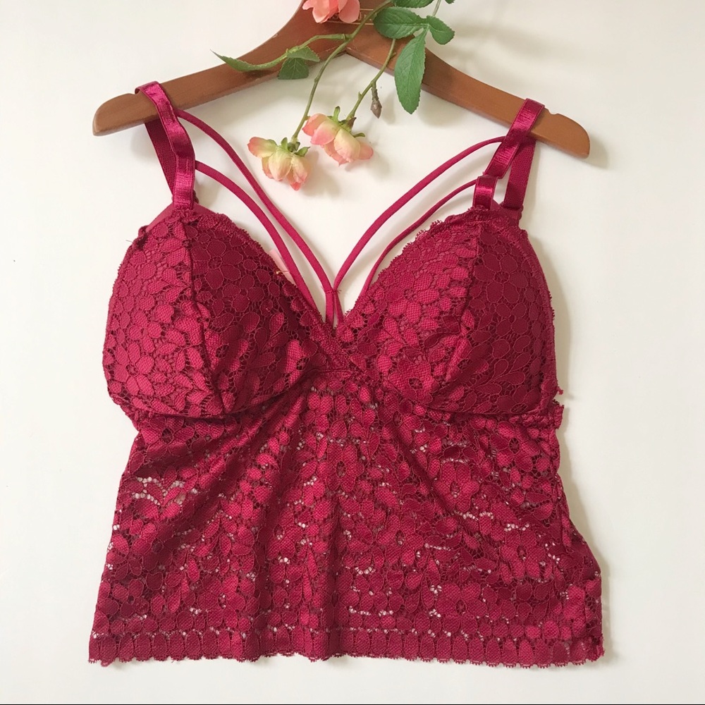Red padded lace bralette wire free bra